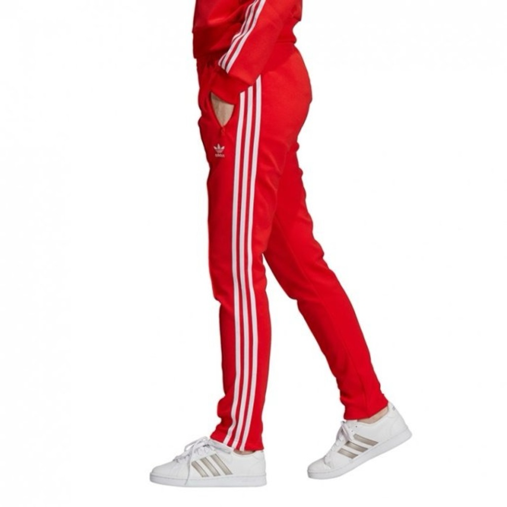 NWOT Adidas Red Track Pants with Zippers on Pockets and at ankles, Small